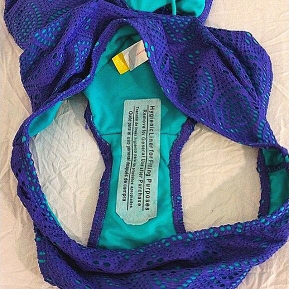 Crochet Eyelet Lace Bikini Sz M BLUE Triangle Bathing Suit Spaghetti Straps NEW - Picture 11 of 15